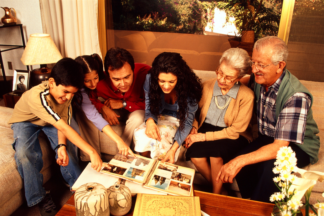 Family looking at photo albums